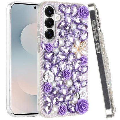 For Samsung Galaxy S26 Fashion Rose Flower Floral, 3D Bling Crystal Full Diamonds Pearl Sparkle Rhinestone Glitter Hybrid Case Cover