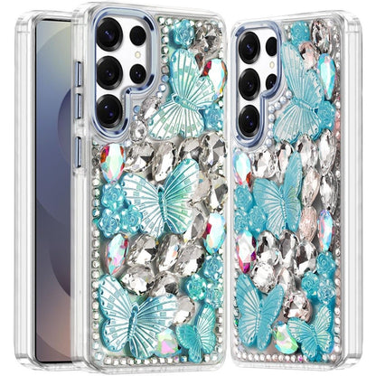 For Samsung Galaxy S26 3D Diamond Floral Butterfly Bling Stone Hybrid, Sparkly Rhinestone Gemstone Back Shockproof Case Cover