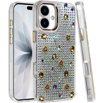 Phone Case for Apple iPhone 18 Chrome Fashion Hybrid Bling Diamond Heart Rhinestone Decorative Stones Sparkling Embellished Design Cover