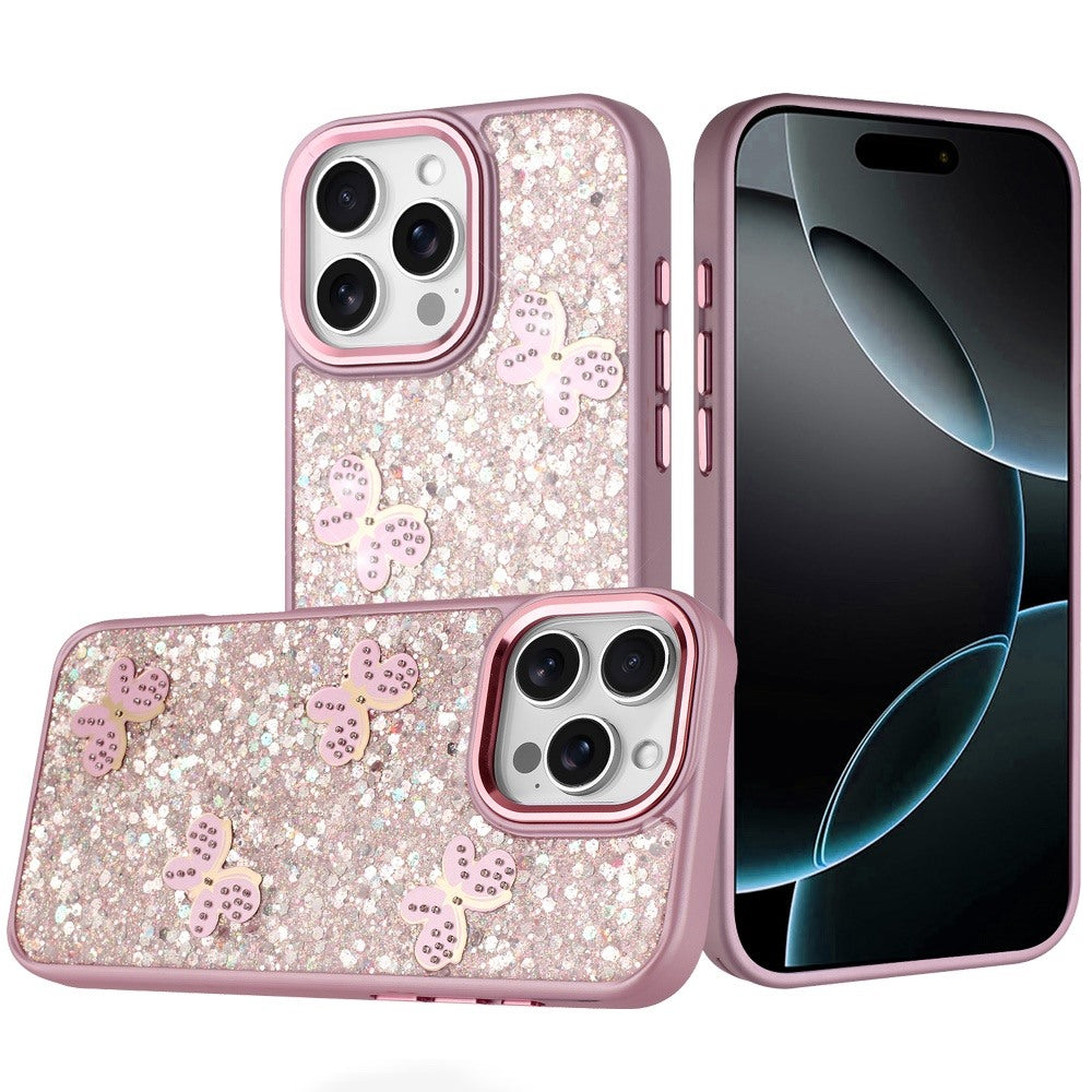Phone Case for Apple iPhone 16 Pro Max Cute Butterfly Diamond Glitter Metallic Hybrid Shockproof Shimmer Grip Stylish Protective Luxury Designer Cover Pink
