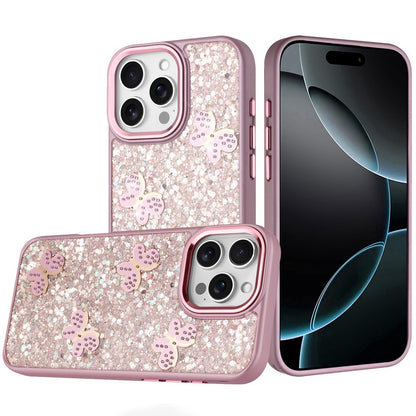 Phone Case for Apple iPhone 16 Pro Max Cute Butterfly Diamond Glitter Metallic Hybrid Shockproof Shimmer Grip Stylish Protective Luxury Designer Cover Pink