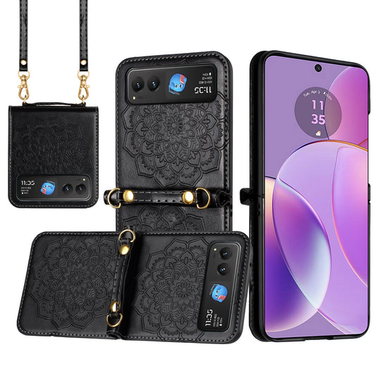 For Motorola Razr 2025 Embossed Floral PU Leather Henna Mandala Design Flip Cover with Strap, Hybrid Protective Case Cover