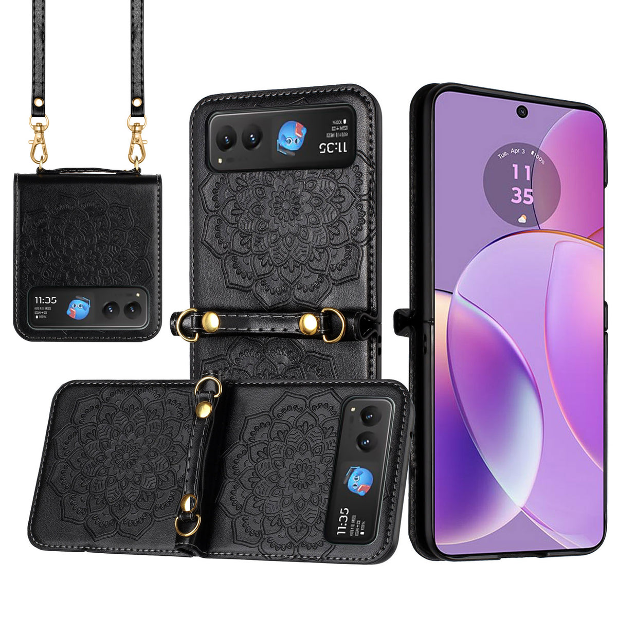 Phone Case for Motorola Razr 2026, Razr 2025, Razr 2024 PU Leather Embossed Floral Textured with Strap Protective Reinforced Edge Mandala Design Cover Black