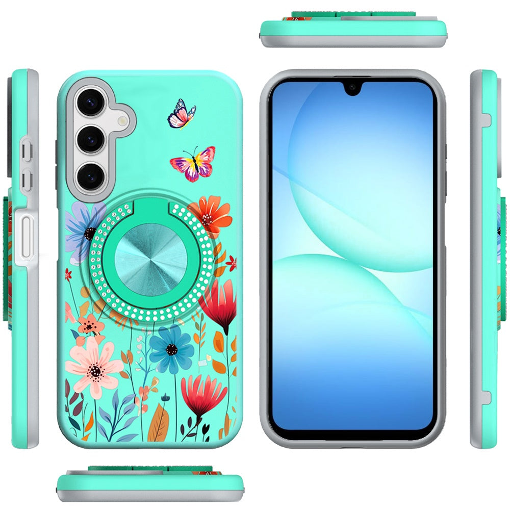 Phone Case for Galaxy A17 5G Magnetic Ring Stand Matte Metal Hybrid Car Mount Friendly Shockproof Rotational Grip Diamond Design Pattern Cover