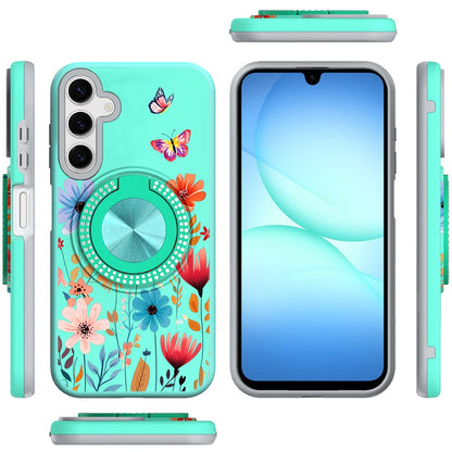 Phone Case for Galaxy A17 5G Magnetic Ring Stand Matte Metal Hybrid Car Mount Friendly Shockproof Rotational Grip Diamond Design Pattern Cover
