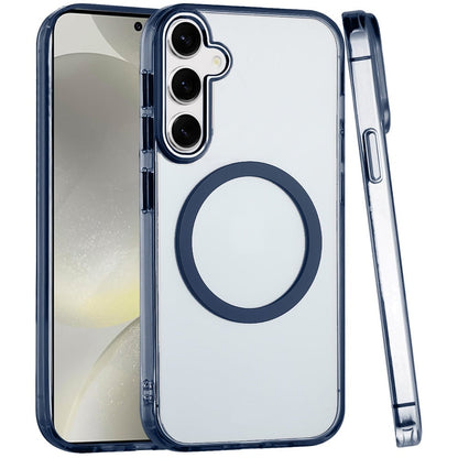 For Samsung Galaxy S24+ Plus Transparent Back Hybrid Case - Magnetic Circle, Color Frame, Metal Buttons, MagSafe Compatible Case Cover
