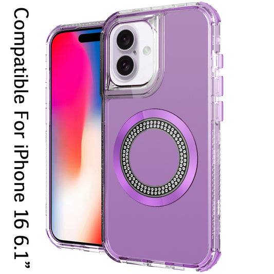 For iPhone 16 (6.1") Magnetic Circle Compatible with Magsafe, Hybrid Chrome 3in1 Transparent Shockproof TPU Bumper Case Cover Purple
