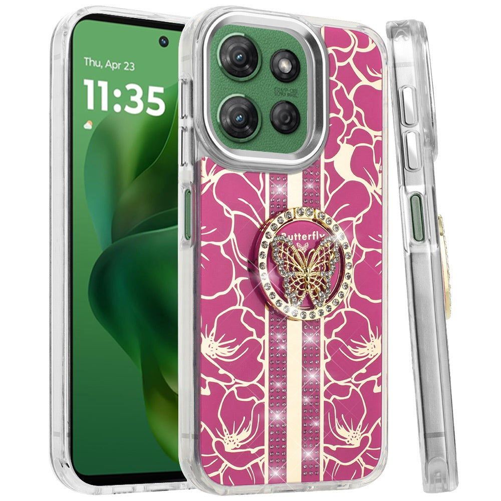 For Motorola Moto G Power 5G 2025 Diamonds 3D Butterfly Floral Design Bling Sparkly Glitter Hybrid Metal Fashion with Ring Stand Case Cover
