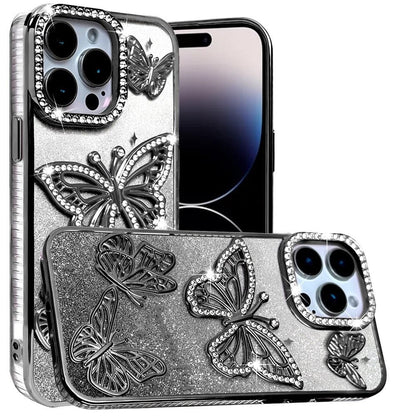 For iPhone 14 Pro Max (6.7") Luxury Butterfly Sparkle Glitter Diamond Crystal Rhinestone Shimmer Bling Plating Thick TPU Hard PC Case Cover