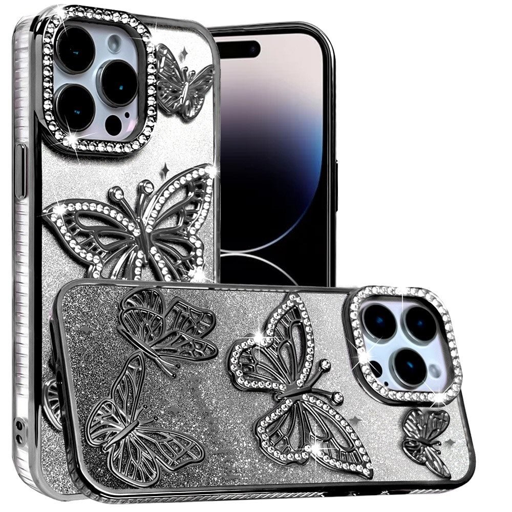 For iPhone 14 Pro Max (6.7") Luxury Butterfly Sparkle Glitter Diamond Crystal Rhinestone Shimmer Bling Plating Thick TPU Hard PC Case Cover