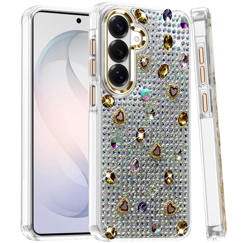 Phone Case for Samsung Galaxy S26 Chrome Fashion Hybrid Bling Diamond Heart Rhinestone Decorative Stones Sparkling Embellished Design Cover