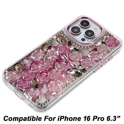 Phone Case for Apple iPhone 16 Pro 3D Flower Bling Rhinestone Glitter Cute Stylish Shockproof Protective Decorative Luxury Grip Stones Ornaments Cover