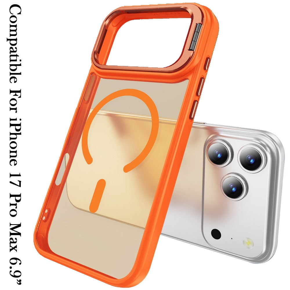 Phone Case for Apple iPhone 17 Pro Max Metallic Magnetic Camera Ring Stand Shockproof Hybrid AntiSlip Grip Camera Lens Protection Kickstand Rugged Durable Armor Cover Cosmic Orange