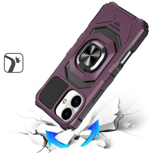 Phone Case for Apple iPhone 16 Rugged Hybrid Dual Layer Magnetic Ring Stand Armor Shock Absorbing Heavy Duty TPU Reinforced Bumper Cover Purple