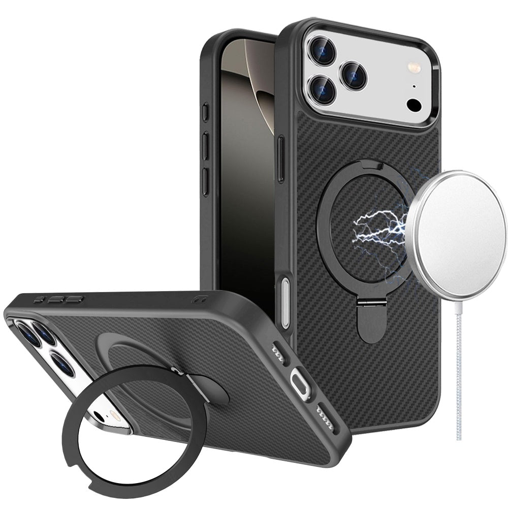 Phone Case for Apple iPhone 17 Pro Max (6.9") Carbon Fiber Magnetic Ring Stand Hybrid Shockproof AntiSlip Grip Kickstand Military Drop Protection Matte Finish Cover Black