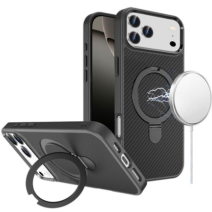 Phone Case for Apple iPhone 17 Pro Max (6.9") Carbon Fiber Magnetic Ring Stand Hybrid Shockproof AntiSlip Grip Kickstand Military Drop Protection Matte Finish Cover Black