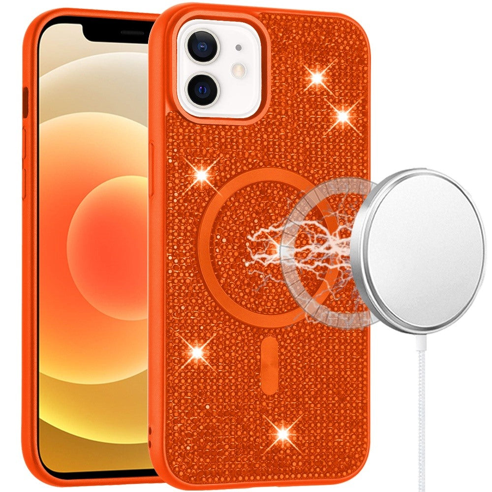 Phone Case for Apple iPhone 12 /12 Pro Magnetic Bling Diamond Sparkle Hybrid Shockproof Rugged Grip Durable Protection Anti-Slip Armor Design Cover Cosmic Orange