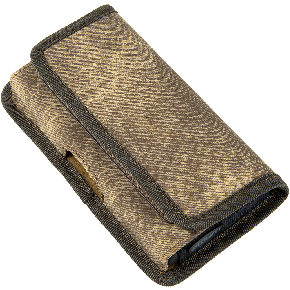 For Apple iPhone 16 Pro (6.3") Universal Horizontal Cell Phone Case Fabric Holster Carrying Pouch with Belt Clip and 2 Card Slots fit XLarge Devices [Brown Denim]