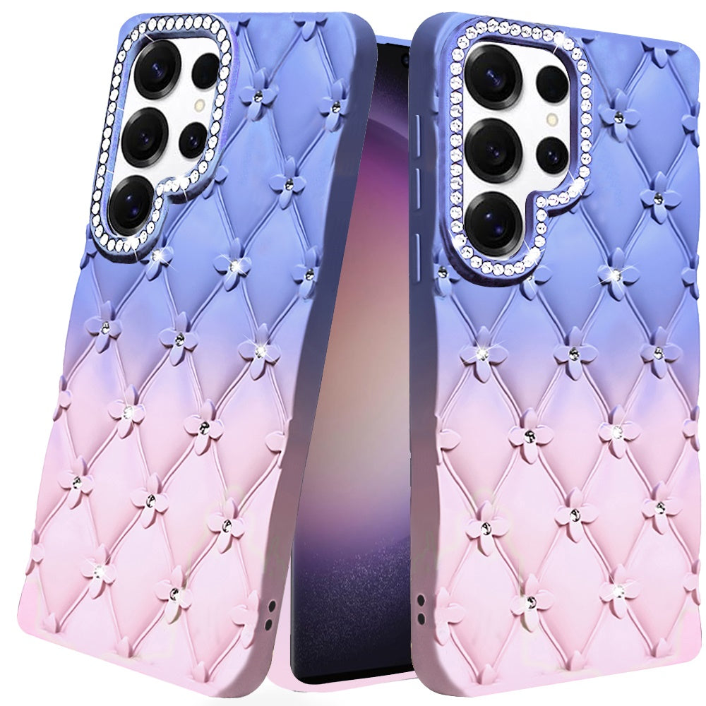 For Samsung Galaxy S23 Ultra Fashion Flower Design Sparkle Glitter Shimmer Rhinestone Bling Floral Accents, Leather Texture TPU Case Cover