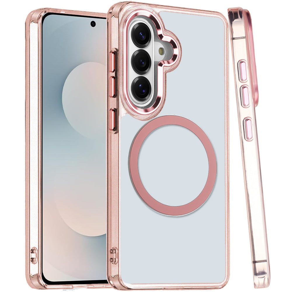 For Samsung Galaxy S25 FE /S25 Fan Edition Transparent Back Hybrid Case - Magnetic Circle, Color Frame, Metal Buttons, MagSafe Compatible Case Cover