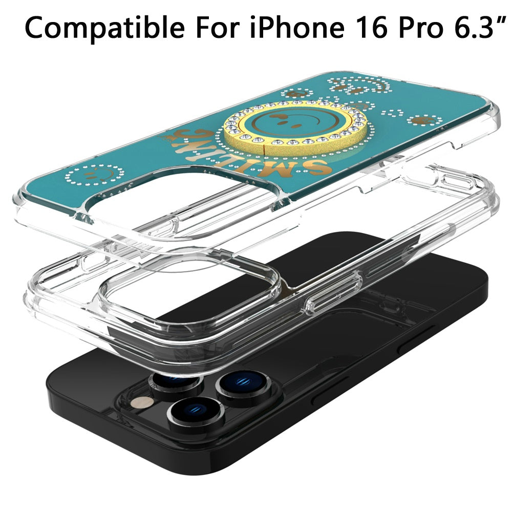 For Apple iPhone 16 Pro (6.3") Smiling Glitter Ornament Bling Sparkle with Ring Stand Hybrid Slim TPU + Hard Back Shell Case Cover
