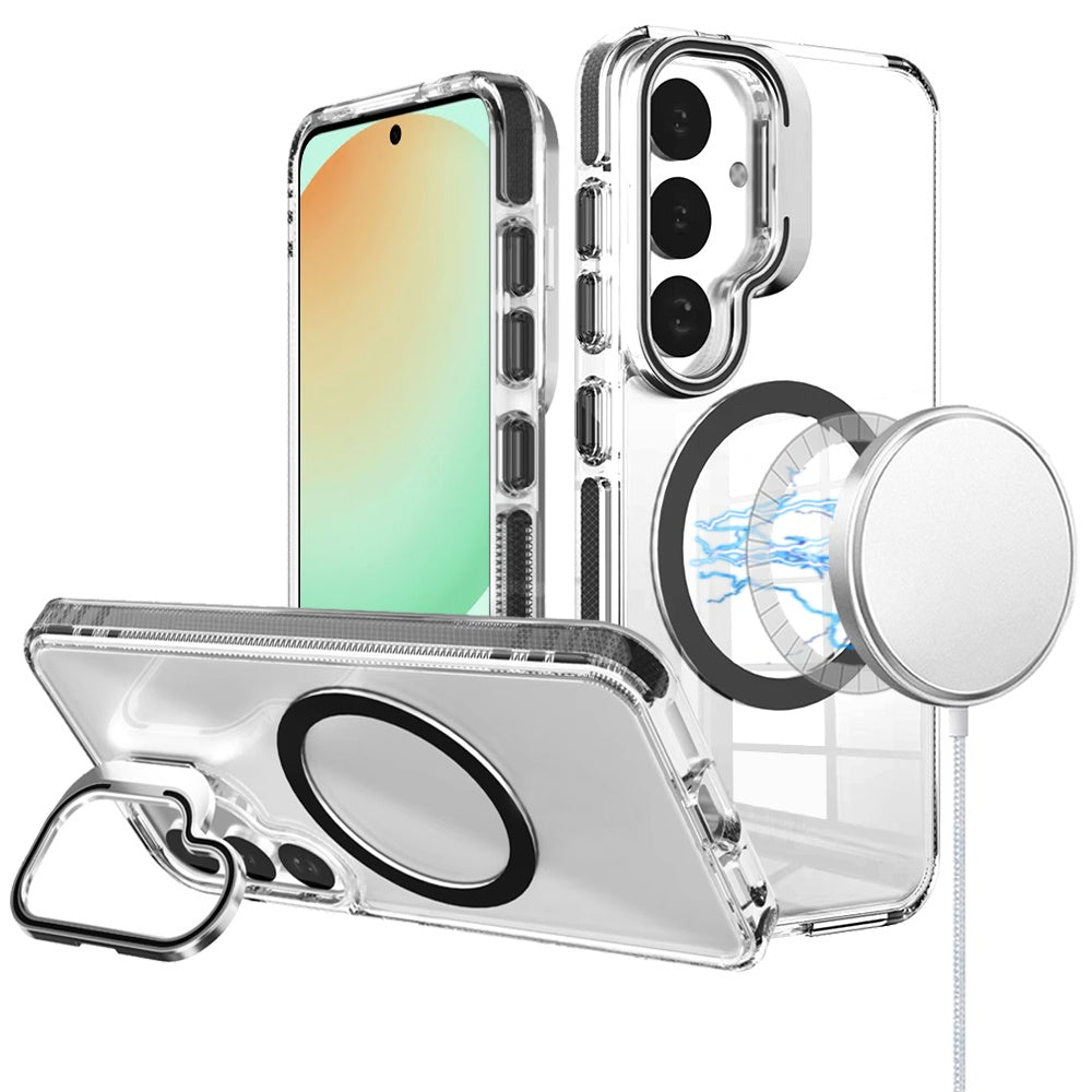 Phone Case for Samsung Galaxy S23 Ultra Magnetic Circle Transparent Tough Hybrid Camera Stand Guard Stand Shockproof Color Edge Rugged Grip Cover Black