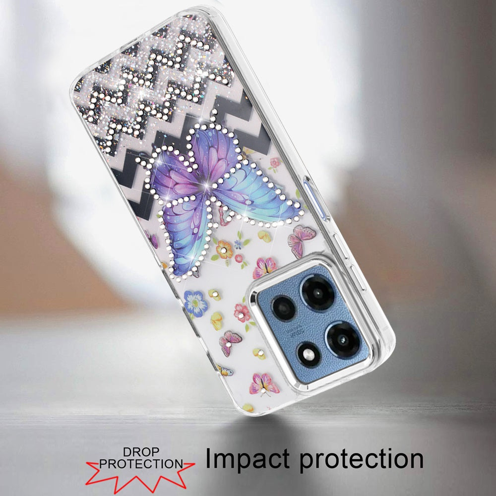 Phone Case for Motorola Moto G Play 5G 2026 Butterfly Resin Epoxy Diamond Bling Metal Edge Shockproof Hybrid Luxury Protective Durable Stylish Fashion Grip Cover