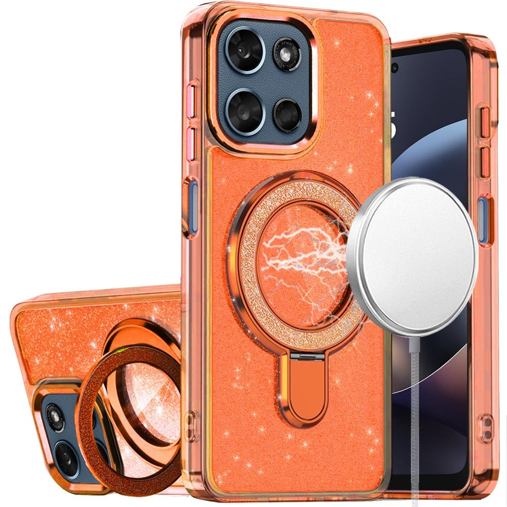 For Motorola Moto G Play 5G 2026 Transparent Glitter Bling Case with Rotating Magnetic Ring Stand, Shockproof Hybrid Case Cover Cosmic Orange