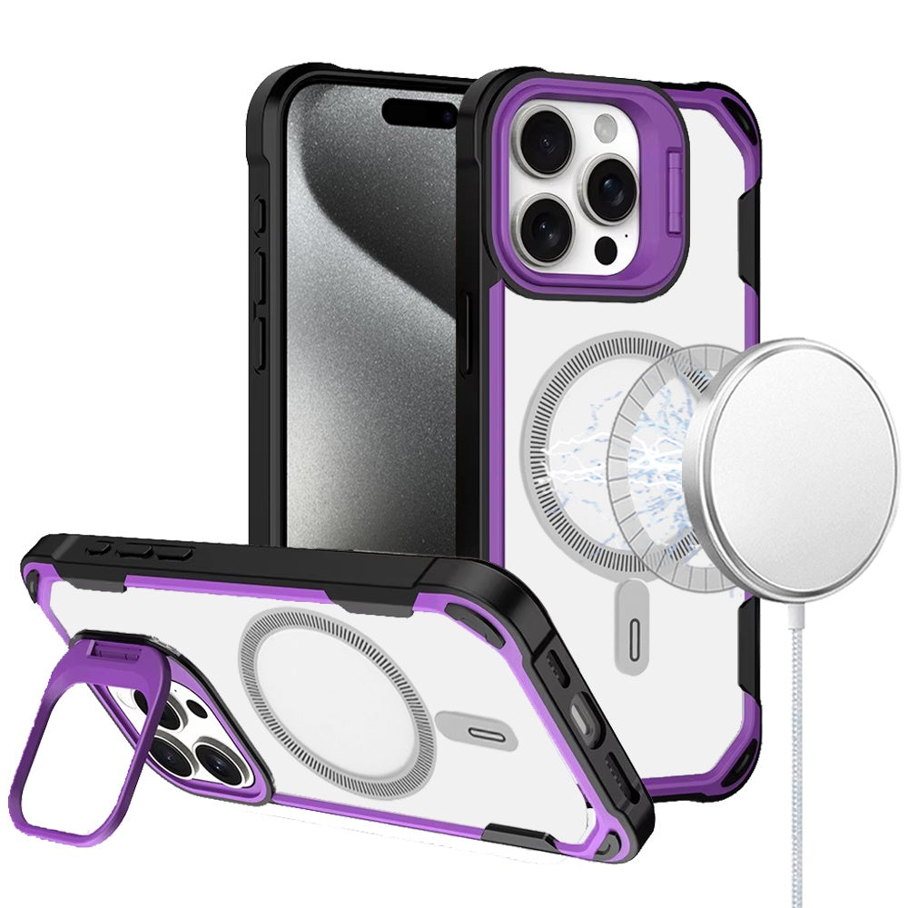 For Apple iPhone 15 Pro Max Magnetic Circle Hybrid with Camera Stand, Compatible with MagSafe, Shockproof Protective Case Cover