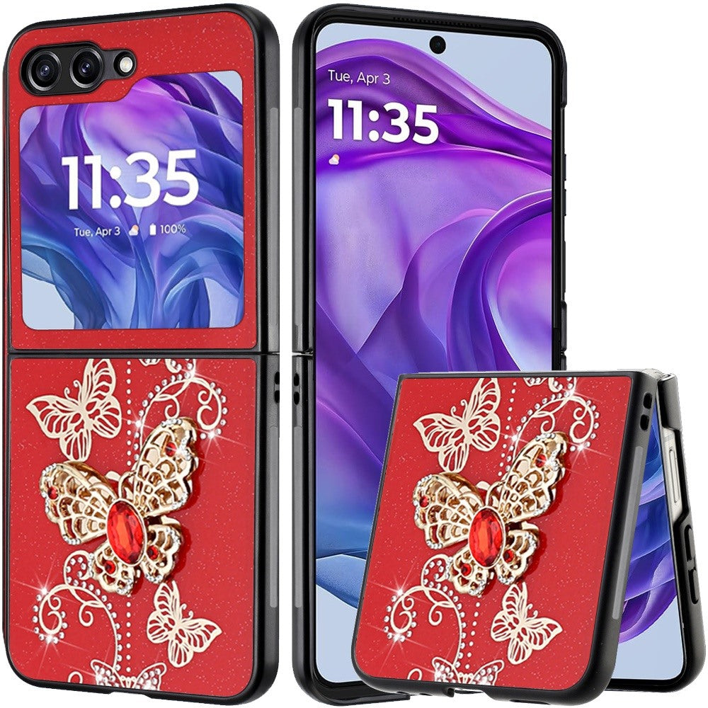 For Samsung Galaxy Z Flip 7 FE Diamonds 3D Butterfly Bling Sparkly Glitter Ornaments Engraving Hybrid Metal Fashion Case Cover Red Garden Butterflies