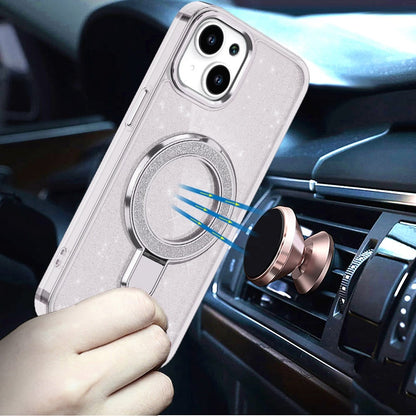 Phone Case for Apple iPhone 15 Plus Transparent Glitter Bling Magnetic Ring Stand Shockproof Anti Slip Rotating Grip Protective Hybrid Durable Armor Cover