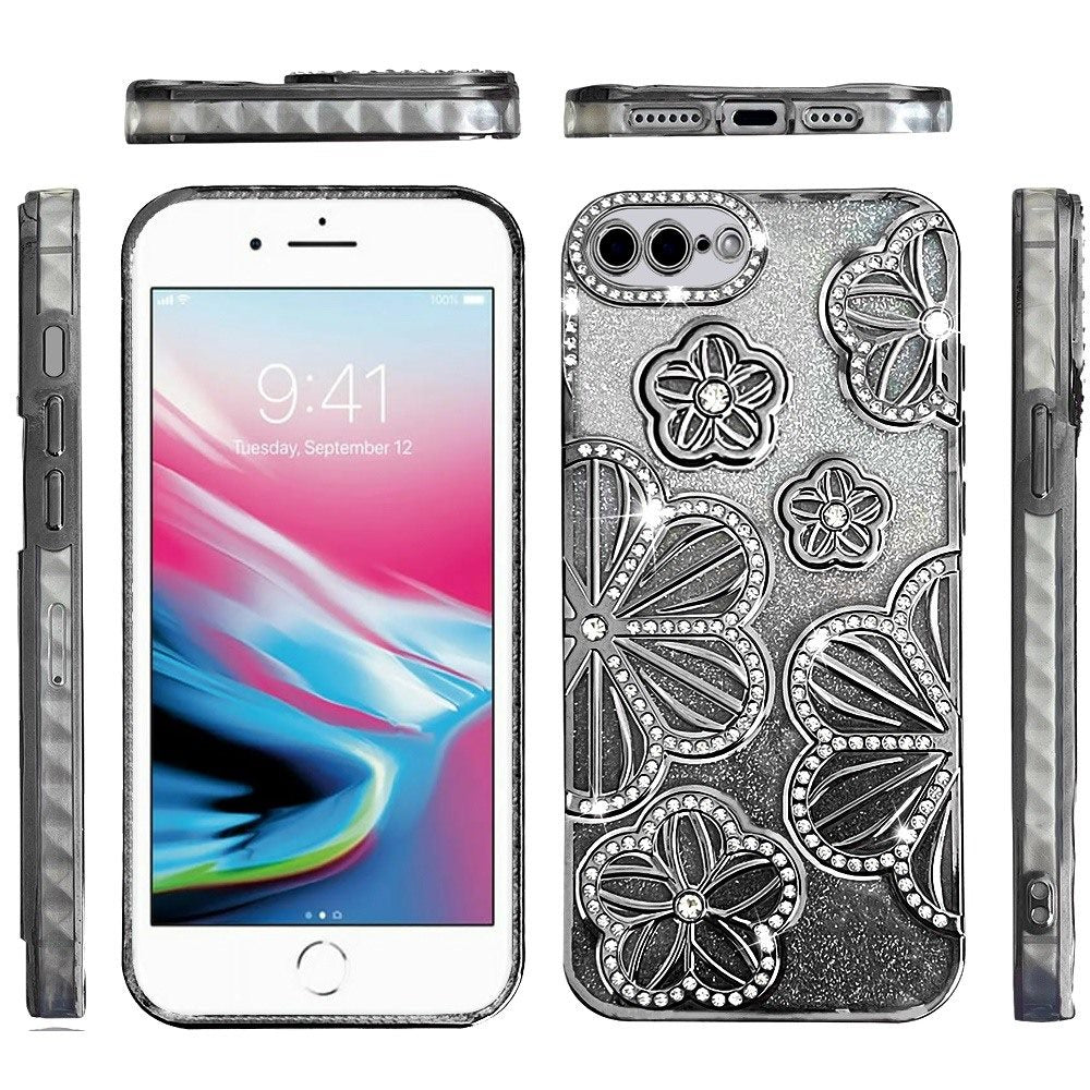 For iPhone 8 Plus / iPhone 7 Plus Luxury Flower Design Sparkle Glitter Diamond Rhinestone Shimmer Bling Plating Thick TPU Hard PC Case Cover Silver