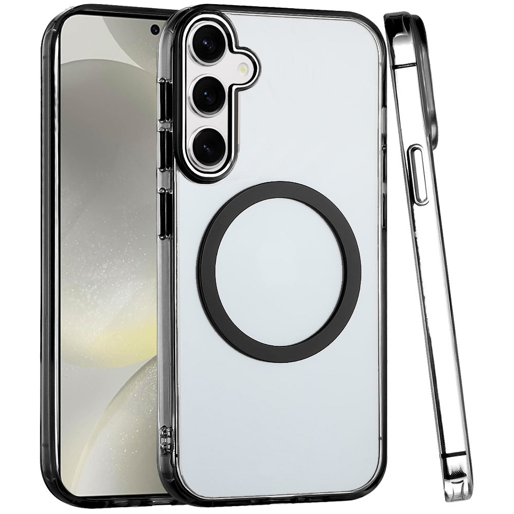 For Samsung Galaxy A57 Transparent Back Hybrid Case - Magnetic Circle, Color Frame, Metal Buttons, MagSafe Compatible Case Cover Black