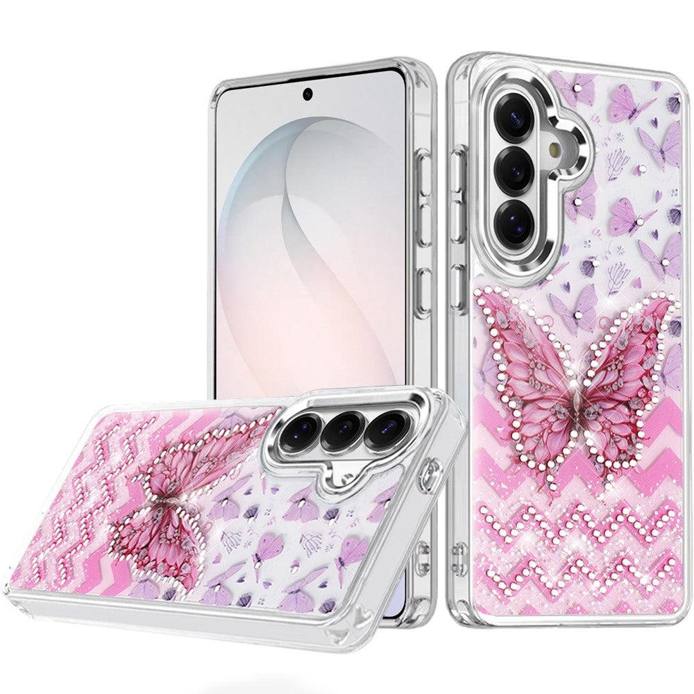 Phone Case for Samsung Galaxy S26 FE /Fan Edition Butterfly Resin Epoxy Diamond Bling Metal Edge Shockproof Hybrid Luxury Protective Durable Stylish Fashion Grip Cover