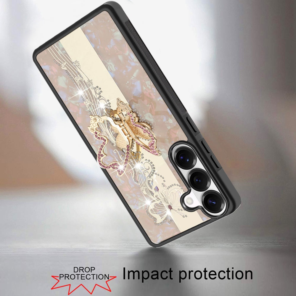 Phone Case for Samsung Galaxy S26 FE /Fan Edition Diamond Glitter Butterfly Engraved Ring Stand Luxury Bling Hybrid Shockproof Chrome Edge Protective Durable Grip Cover