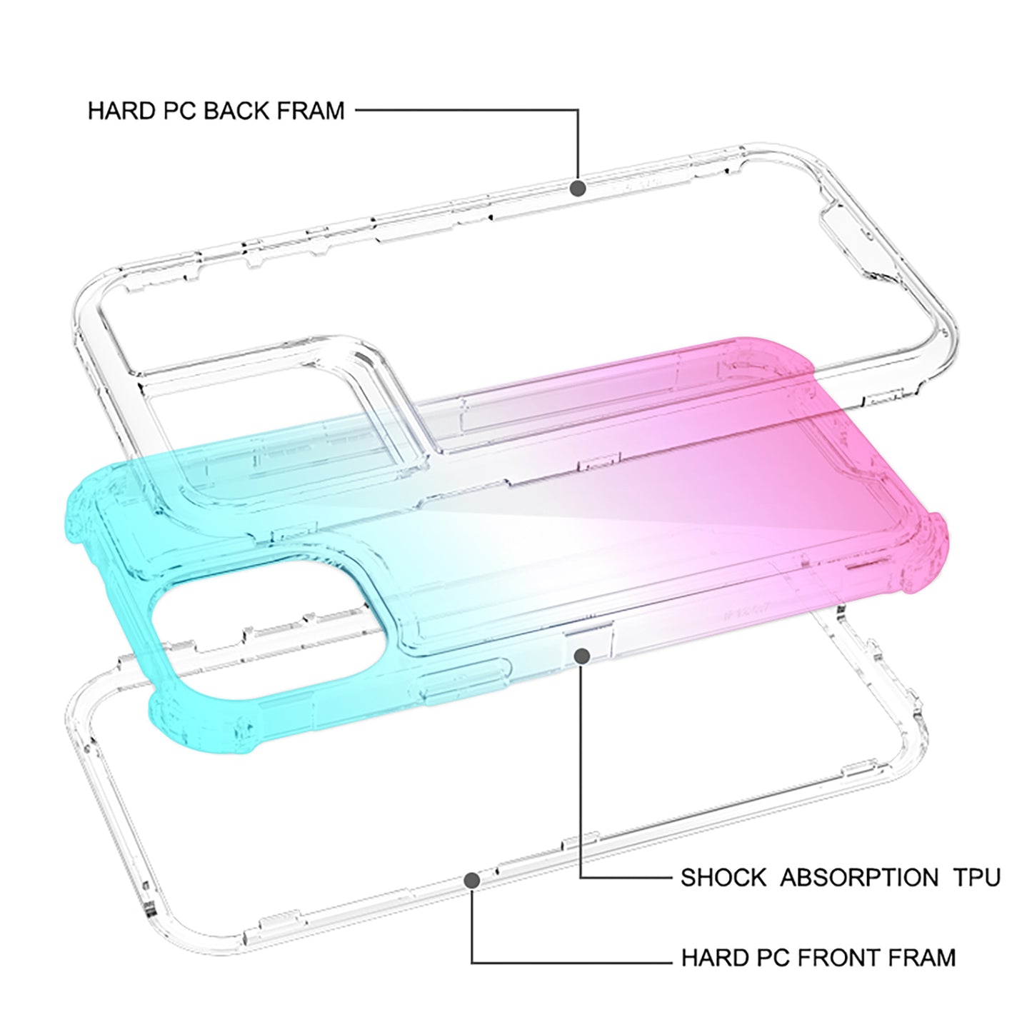 For Apple iPhone 16 (6.1") Hybrid 3in1 Clear Two Color Tone Transparent Shockproof Rubber TPU + Hard Protective Frame Case Cover Blue Teal + Pink