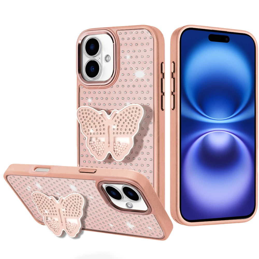 For Apple iPhone 17 (6.3") Butterfly Moveable Grip 3D Pop Stand Full Diamond Bling Sparkling TPU Fashion Hybrid Case Cover