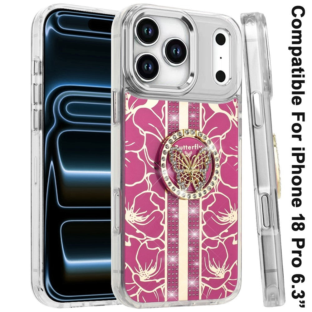 Phone Case for Apple iPhone 18 Pro Floral Butterfly Ring Stand Glitter Bling Shockproof Hybrid Luxury Fashion Protective Anti Slip Durable Grip Cover