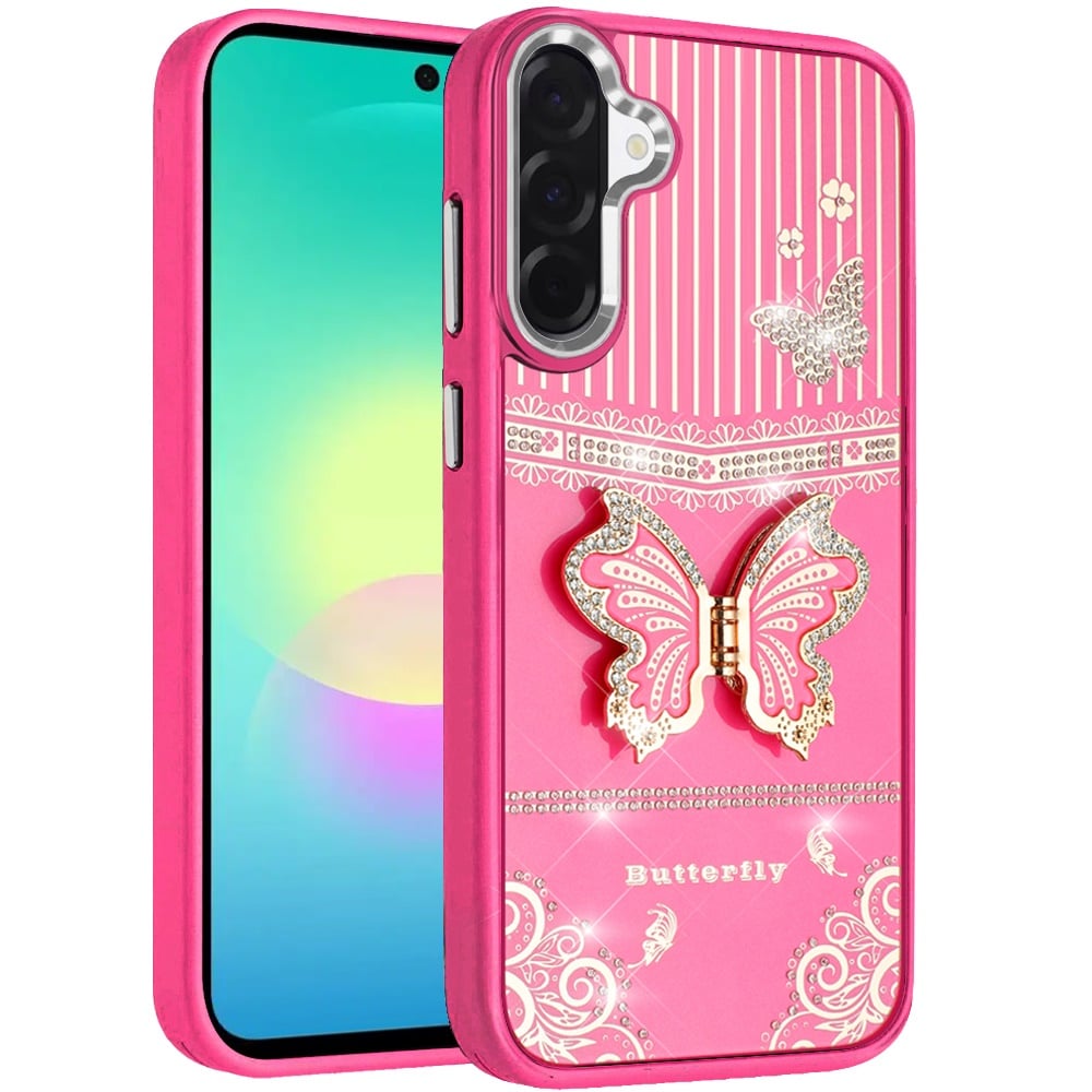 Phone Case for Samsung Galaxy A27 Glitter Bling Butterfly Stand Metallic Edge Hybrid Shockproof Grip Durable Camera Protection Stylish Design Cover