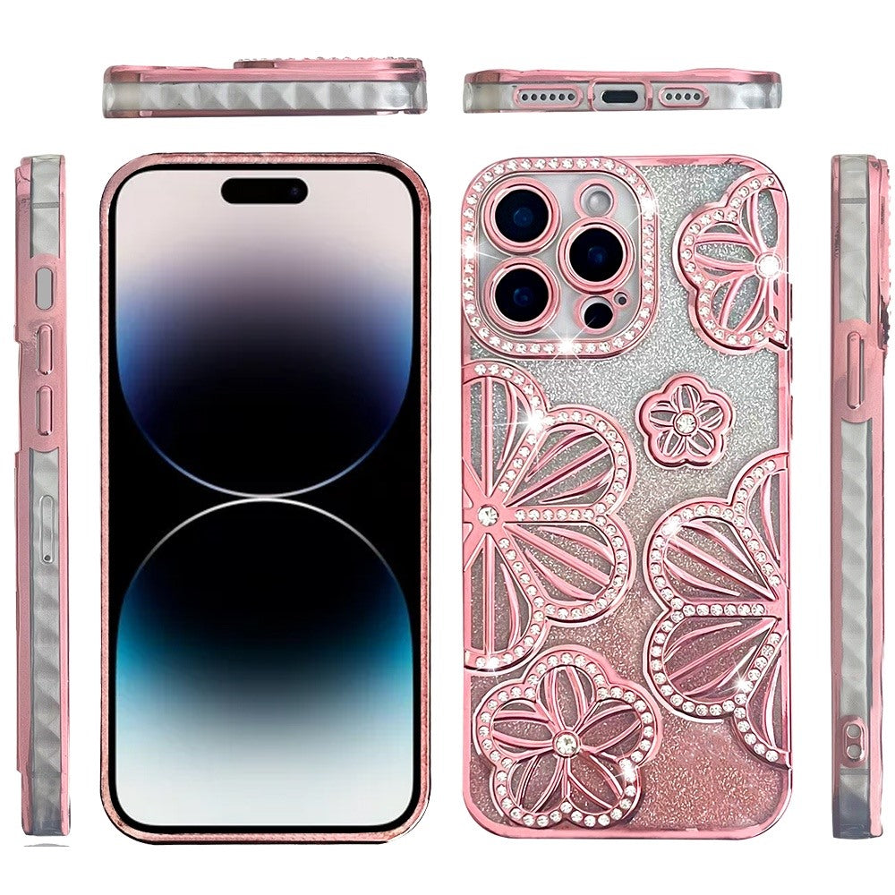 For Apple iPhone 15 Pro Max Luxury Floral Design Sparkle Glitter Diamond Crystal Rhinestone Shimmer Bling Plating Thick TPU Hard PC Case Cover