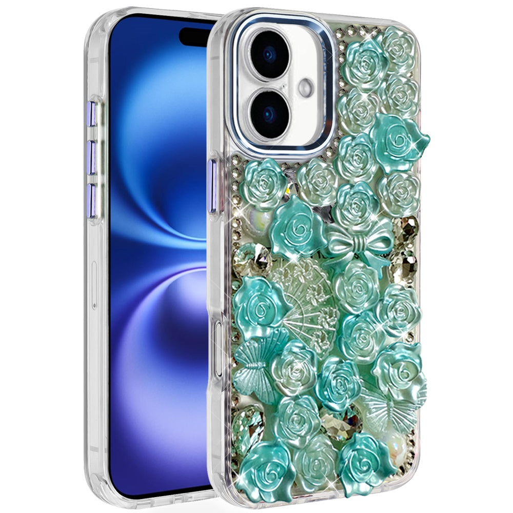 For Apple iPhone 17 (6.3") Muti-Color Floral Fashion Bling Crystal 3D Full Diamonds Stones Sparkle Rhinestone Glitter Hybrid Case Cover