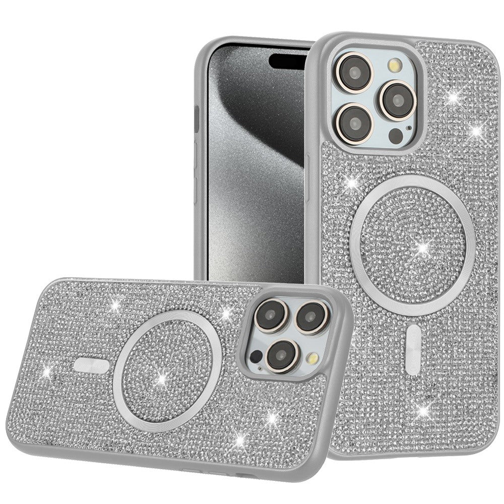 Phone Case for Apple iPhone 15 Pro Max Magnetic Bling Diamond Sparkle Hybrid Shockproof Rugged Grip Durable Protection Anti-Slip Armor Design Cover White