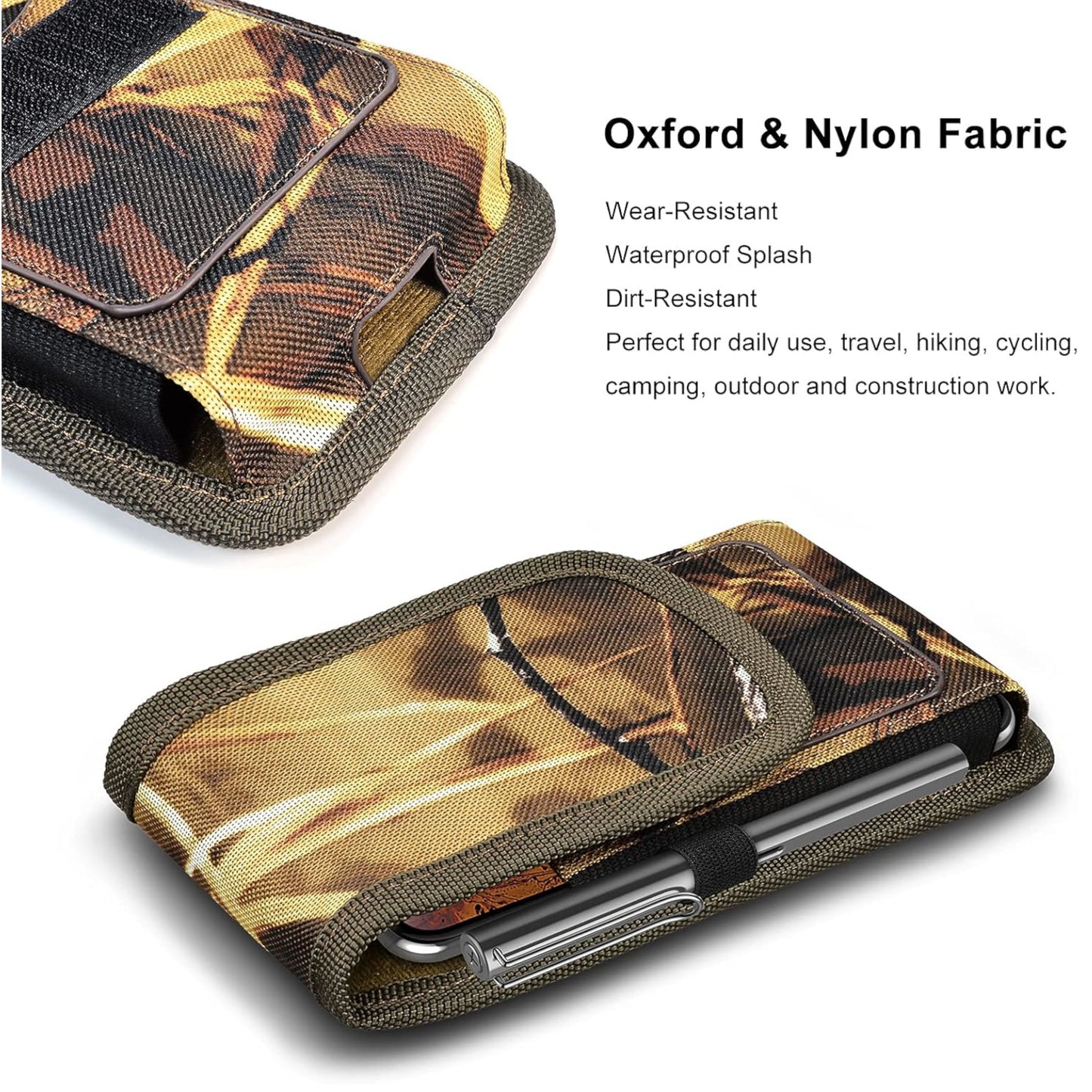 For Apple iPhone 16 Plus (6.7") Vertical Camouflage Nylon Canvas Holster Universal Cell Phone Pouch Velcro Closure with Credit Card Slot & Belt Clip Loop Carabiner [Hunting Camo]