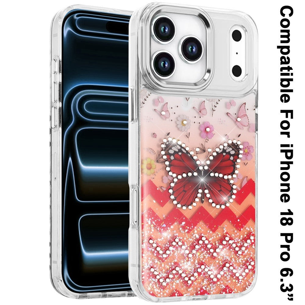 Phone Case for Apple iPhone 18 Pro Butterfly Resin Epoxy Diamond Bling Metal Edge Shockproof Hybrid Luxury Protective Durable Stylish Fashion Grip Cover