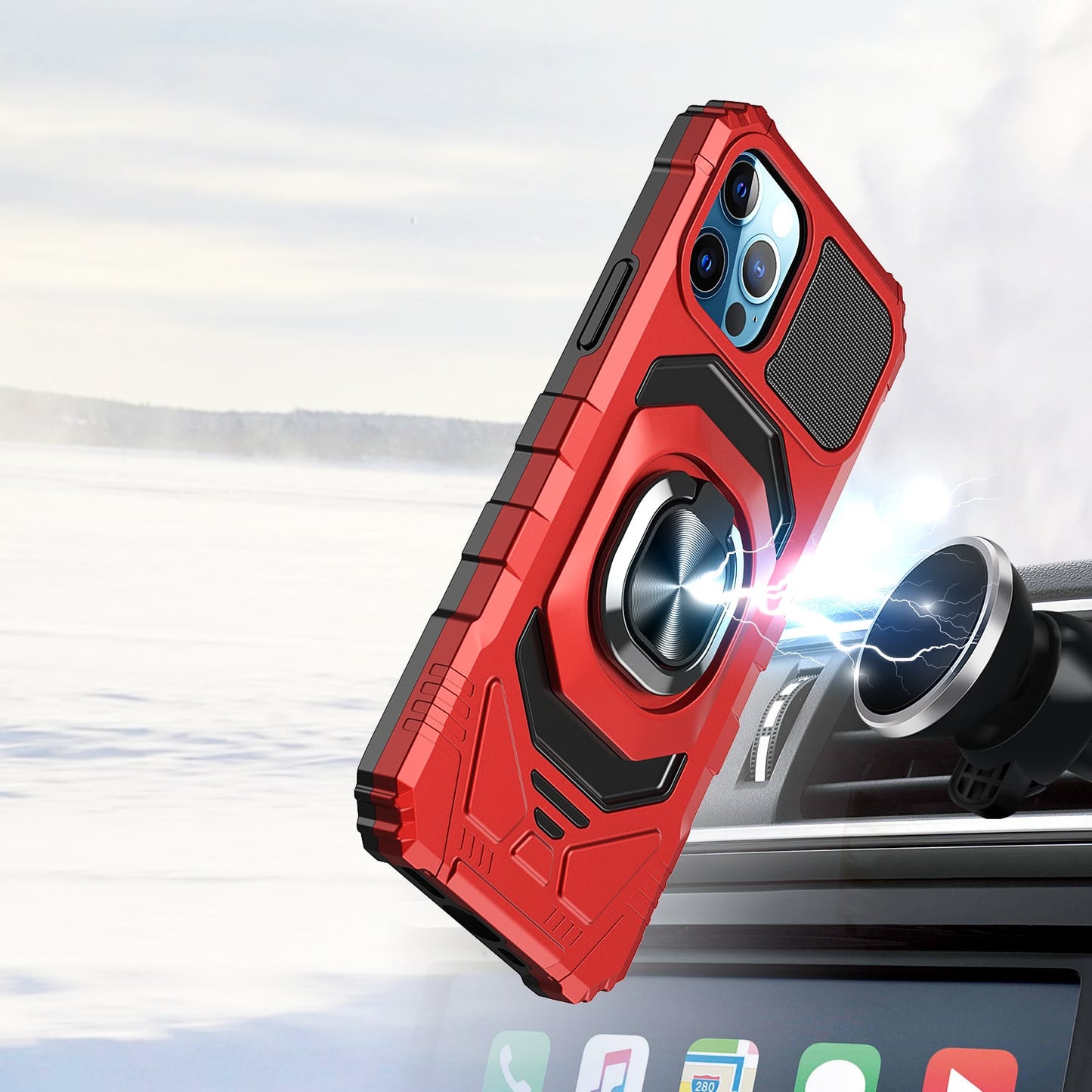 For iPhone 15 Plus (6.7") Hybrid Dual Layer with 360° Rotate Magnetic Ring Stand Holder Kickstand TPU Rugged PC Shockproof Case Cover Red