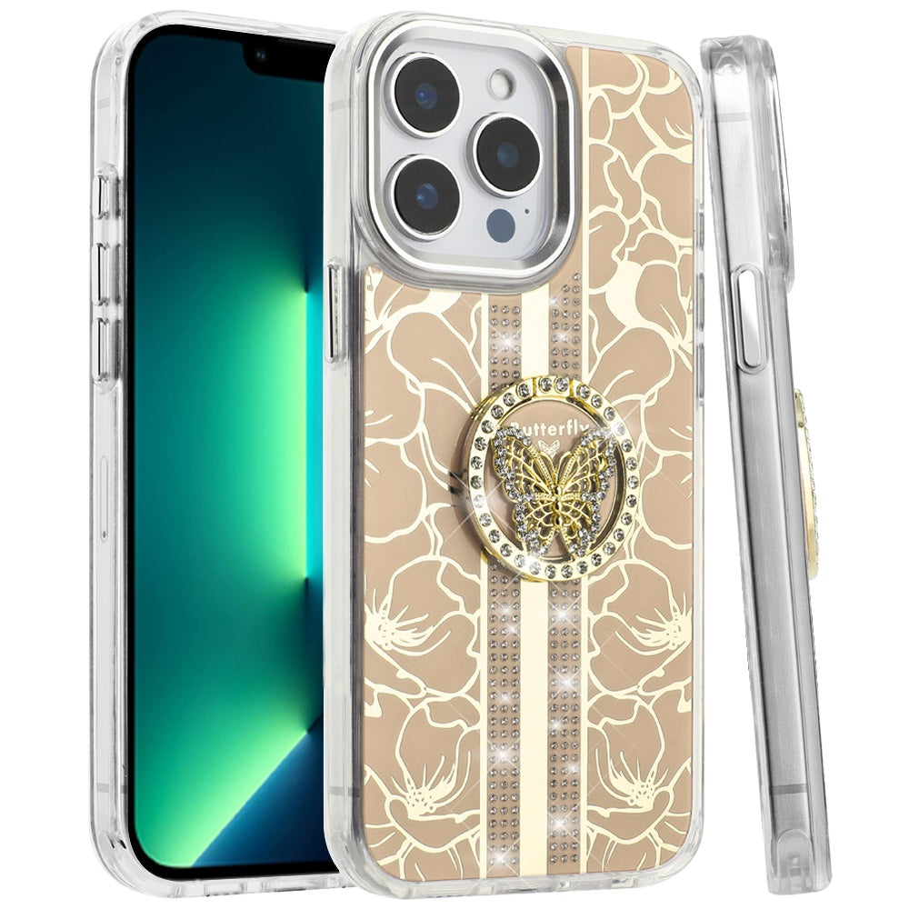 For Apple iPhone 14 Pro Max Diamonds 3D Butterfly Floral Design Bling Sparkly Glitter Hybrid Metal Fashion with Ring Stand Case Cover