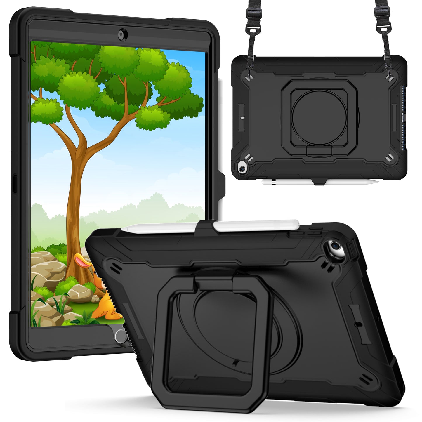 For Tough Hybrid 3 in 1 Case with 180° Rotating Kickstand, Adjustable Shoulder Strap, Shockproof TPU Rubber PC Black Tablet Case Cover