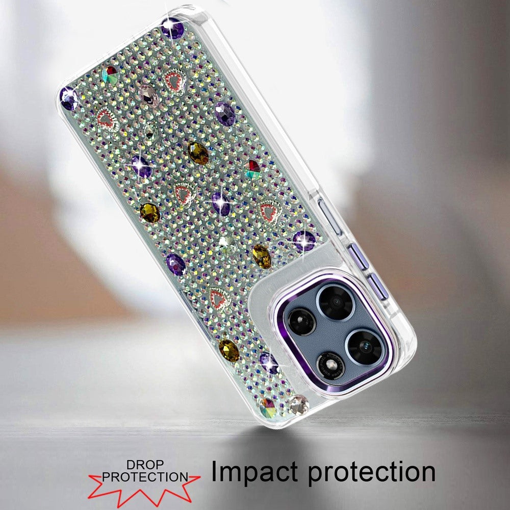 Phone Case for Motorola Moto G Play 5G 2026 Chrome Fashion Hybrid Bling Diamond Heart Rhinestone Decorative Stones Sparkling Embellished Design Cover Purple
