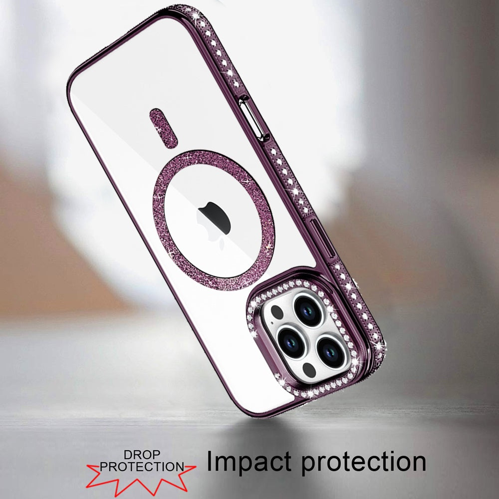 Phone Case for Apple iPhone 16 Pro Max Luxury Diamond Bling Edged Magnetic Glitter Shockproof Hybrid with Camera Kickstand Durable Grip Cover