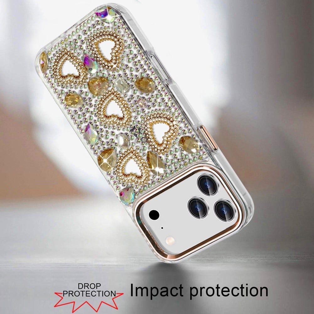 Phone Case for Apple iPhone 18 Pro Luxury Crystal Heart Rhinestone Diamond Bling Shockproof Hybrid Glitter Protective Stylish Durable Grip Cover